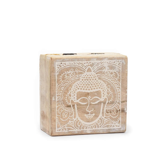 Natural Mango Wooden Keepsake Box - Small - Square - Whitewash - Buddha Head - main product image from Quintessential Holistic Health Ltd UK