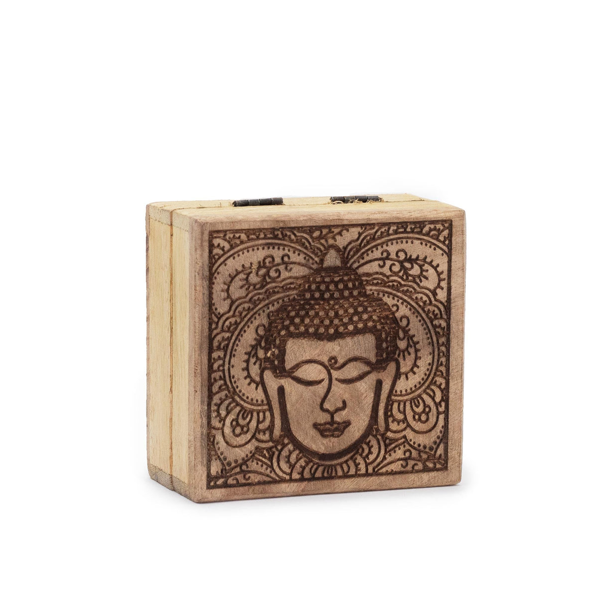 Mango Wood Keepsake Box - Small - Square - Black - Buddha Head, with a dark Buddha face and ornate floral border by Quintessential Holistic Health Ltd