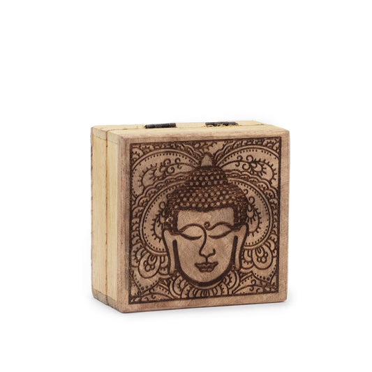 Natural Mango Wooden Keepsake Box - Small - Square - Black - Buddha Head - main product image from Quintessential Holistic Health Ltd UK