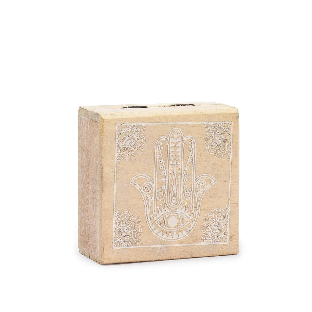 Mango Wood Keepsake Box - Small - Square - Whitewash - Hamsa, with a white Hamsa hand and fine dotted details by Quintessential Holistic Health Ltd