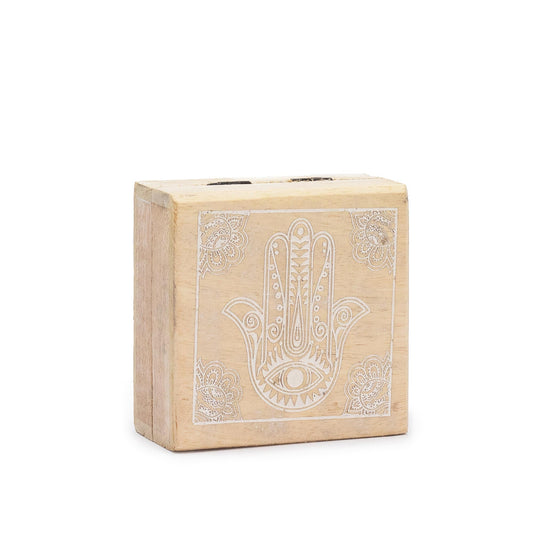 Natural Mango Wooden Keepsake Box - Small - Square - Whitewash - Hamsa - main product image from Quintessential Holistic Health Ltd UK