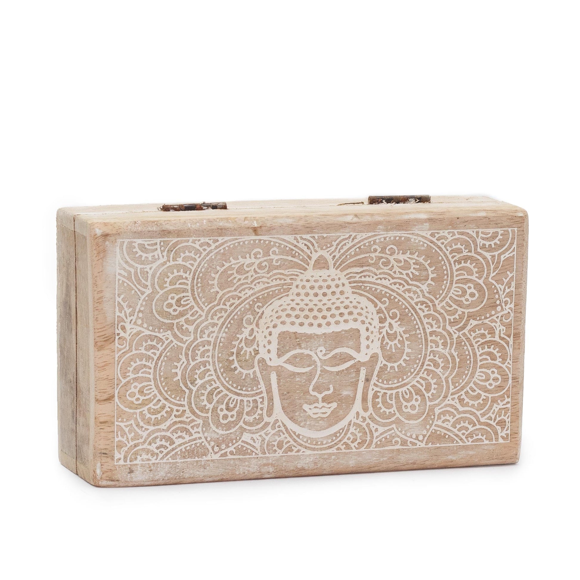 Natural Mango Wooden Keepsake Box - Medium / Rectangular / Whitewash / Buddha Head product packaging on clean background from Quintessential Holistic Health Ltd