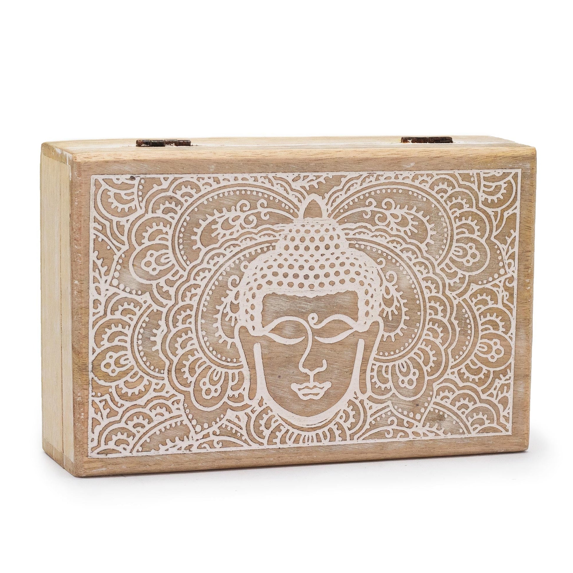 Mango Wood Keepsake Box - Large Rectangular Whitewash Buddha Head, closed with an ornate white Buddha head design by Quintessential Holistic Health Ltd