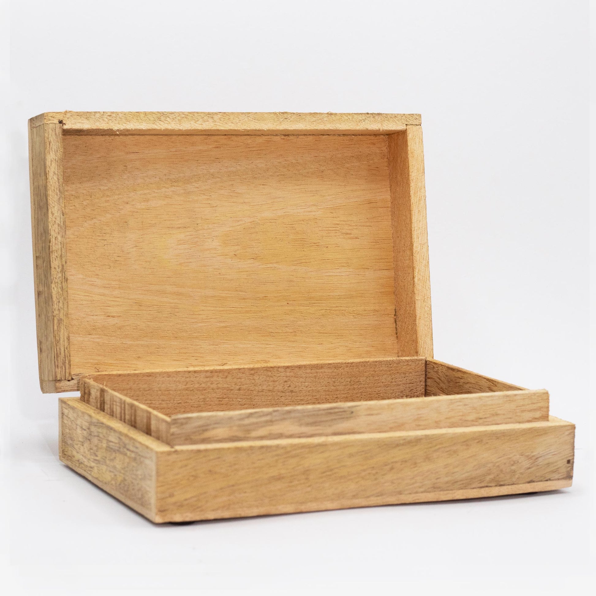 Mango Wood Keepsake Box - Large - Rectangular - Black - Buddha Head, open with a plain interior and raised lid by Quintessential Holistic Health Ltd