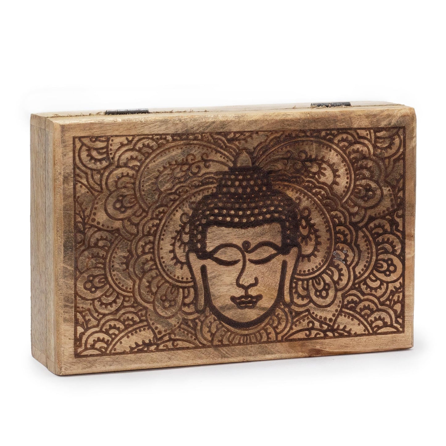 Mango Wood Keepsake Box - Large - Rectangular - Black - Buddha Head, closed with an ornate dark Buddha head design by Quintessential Holistic Health Ltd