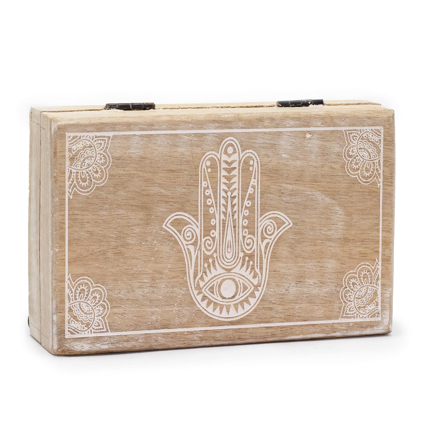 Mango Wood Keepsake Box - Large - Rectangular - Whitewash - Hamsa, closed with a white Hamsa and corner designs by Quintessential Holistic Health Ltd