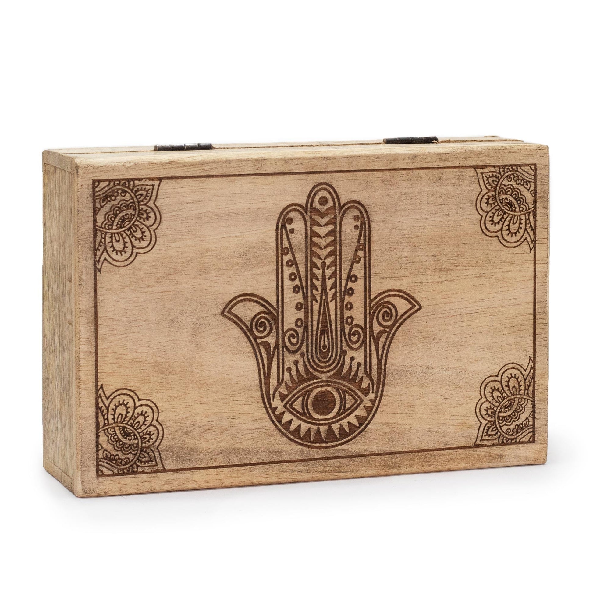Mango Wood Keepsake Box - Large - Rectangular - Black - Hamsa, closed with a dark Hamsa and corner designs by Quintessential Holistic Health Ltd