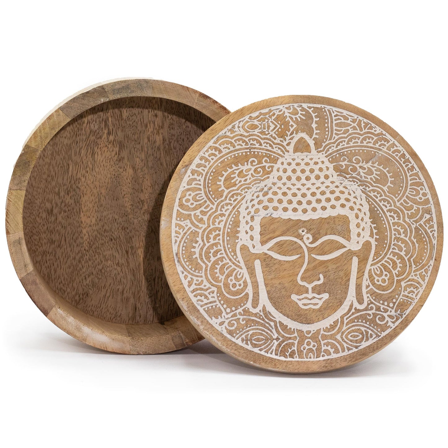 Mango Wood Keepsake Box - Large - Round - Whitewash - Buddha Head, open with the white illustrated lid overlapping the base by Quintessential Holistic Health Ltd