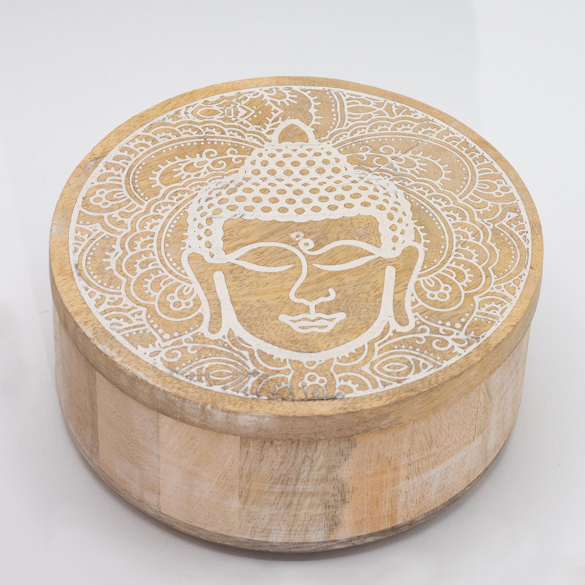Mango Wood Keepsake Box - Large - Round - Whitewash - Buddha Head, closed with a white Buddha head design on the lid by Quintessential Holistic Health Ltd