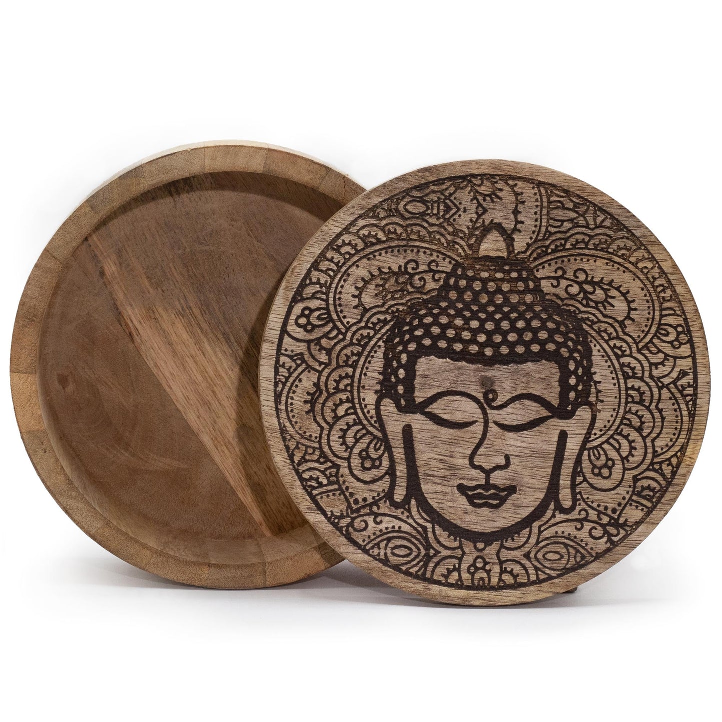Mango Wood Keepsake Box - Large - Round - Black - Buddha Head, open with the dark illustrated lid in front of the base by Quintessential Holistic Health Ltd