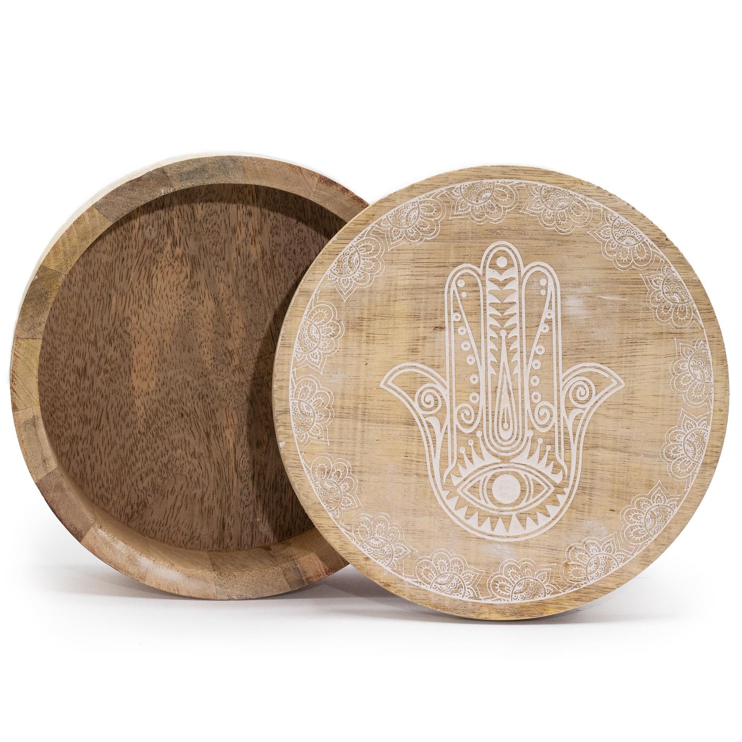 Mango Wood Keepsake Box - Large - Round - Whitewash - Hamsa, open with the white Hamsa lid in front of the base by Quintessential Holistic Health Ltd