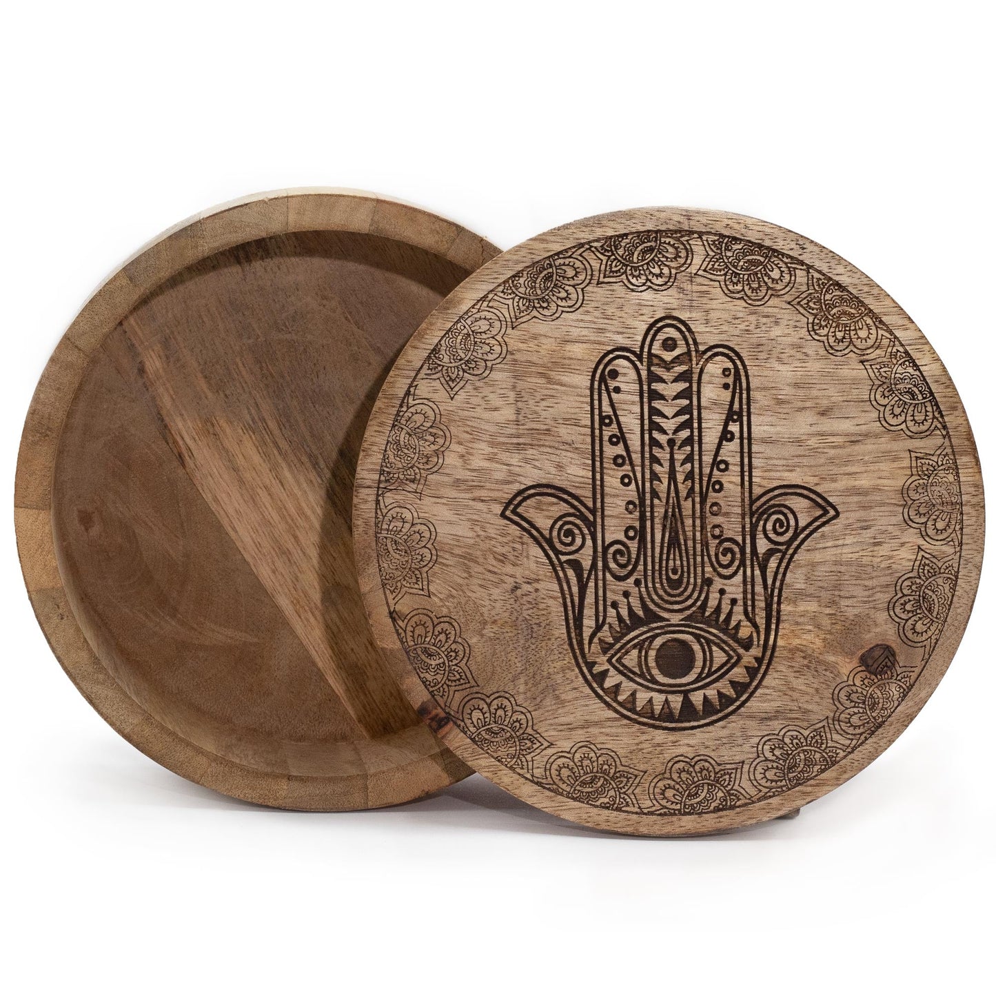 Mango Wood Keepsake Box - Large - Round - Black - Hamsa, open with the dark Hamsa lid overlapping the base by Quintessential Holistic Health Ltd