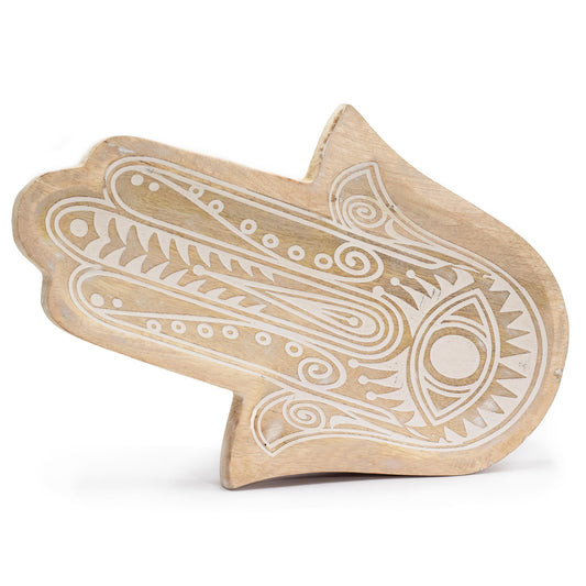 Natural Mango Wooden Tray - Long - Whitewash - Hamsa - main product image from Quintessential Holistic Health Ltd UK