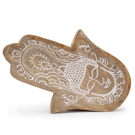 Natural Mango Wooden Tray - Long - Whitewash - Hamsa and Buddha - main product image from Quintessential Holistic Health Ltd UK