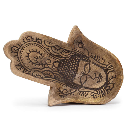 Natural Mango Wooden Tray - Long - Black - Hamsa and Buddha - main product image from Quintessential Holistic Health Ltd UK