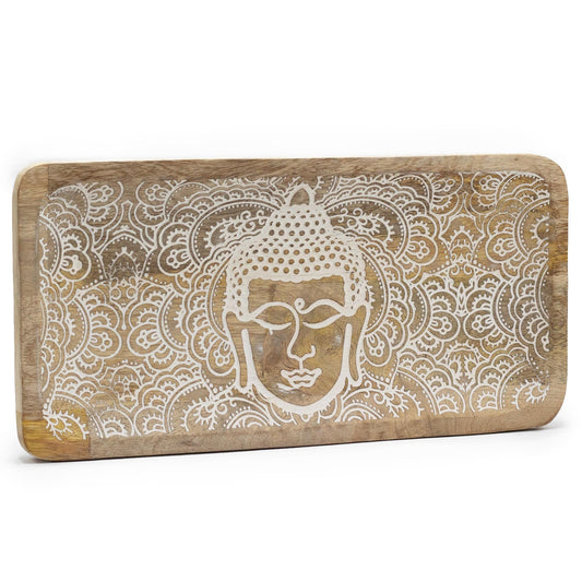 Natural Mango Wooden Tray - Rectangular - Whitewash - Buddha Head - main product image from Quintessential Holistic Health Ltd UK
