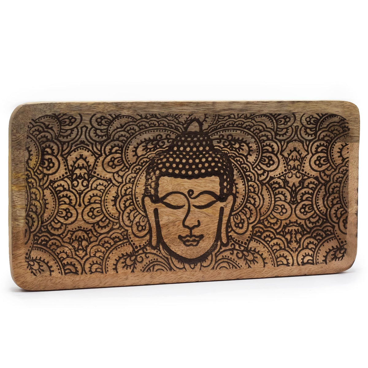 Mango Wood Tray - Black Engraved Buddha Face, 30 × 15 cm, with a dark Buddha face surrounded by dense floral patterns, by Quintessential Holistic Health Ltd