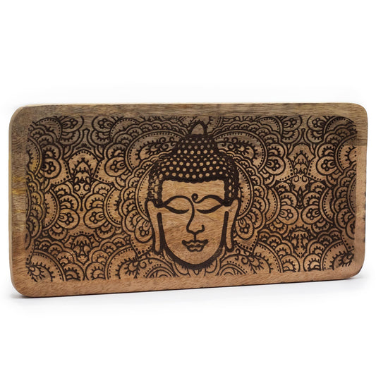 Natural Mango Wooden Tray - Rectangular - Black - Buddha Head - main product image from Quintessential Holistic Health Ltd UK