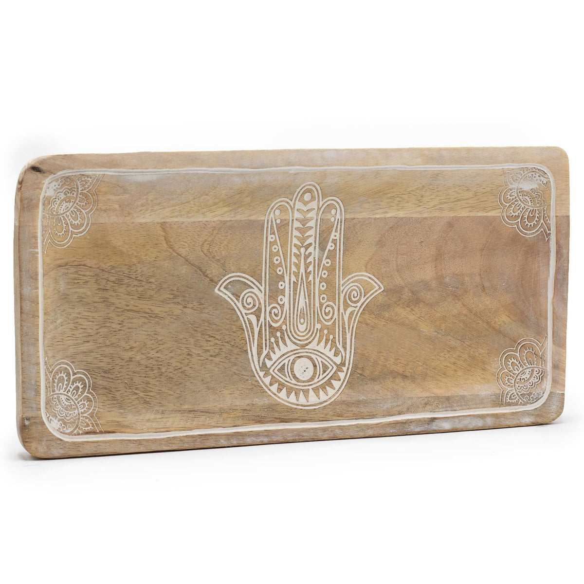 Natural Mango Wooden Tray - Rectangular - Whitewash - Hamsa, with a white hand motif and delicate corner flourishes, by Quintessential Holistic Health Ltd