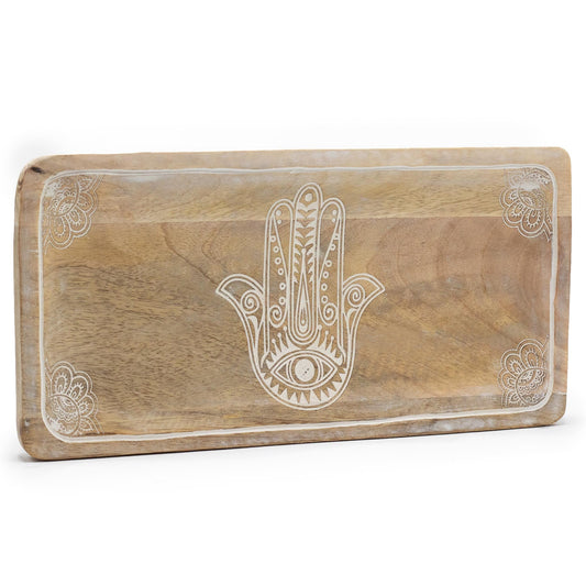 Natural Mango Wooden Tray - Rectangular - Whitewash - Hamsa - main product image from Quintessential Holistic Health Ltd UK
