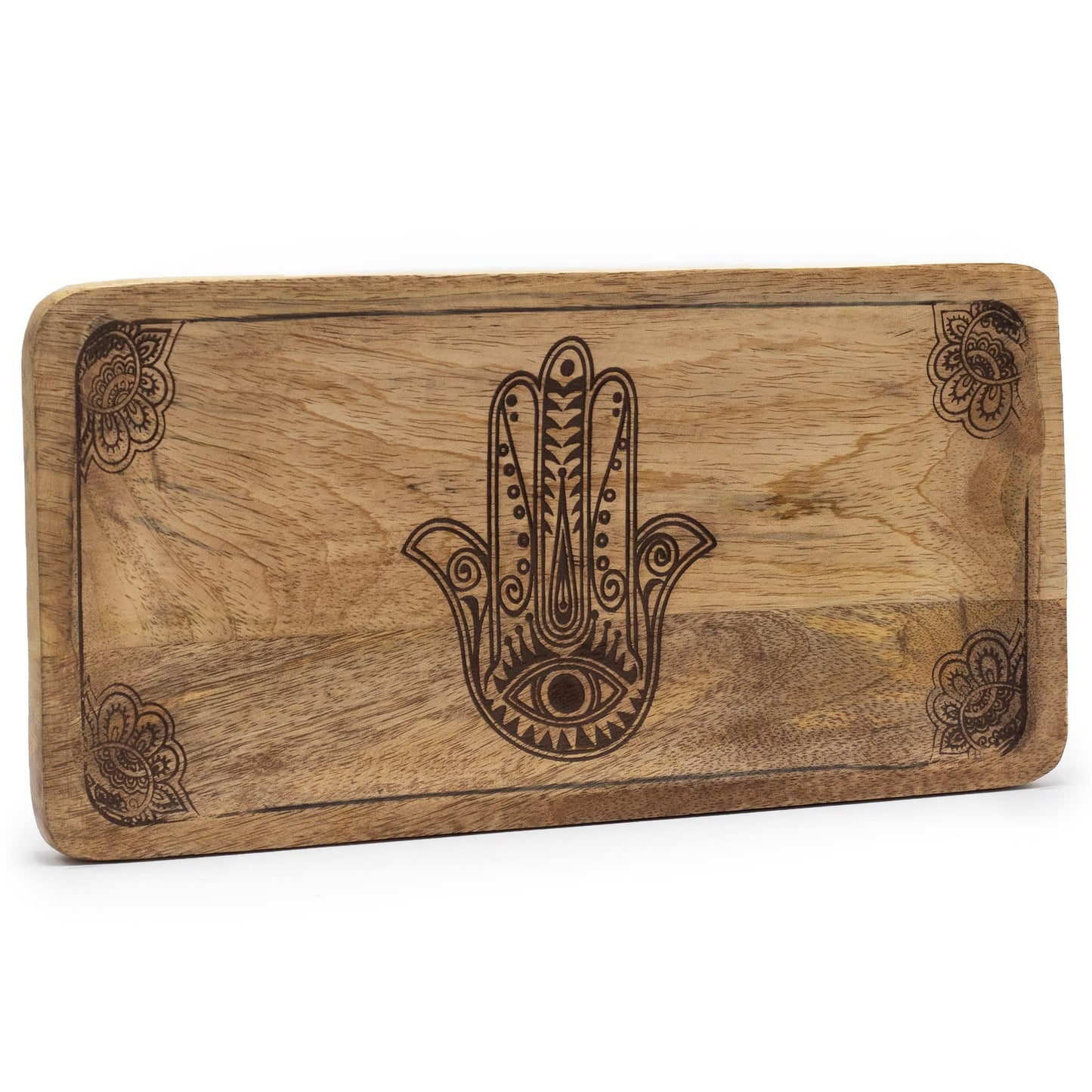 Natural Mango Wooden Tray - Rectangular / Black / Hamsa product packaging on clean background from Quintessential Holistic Health Ltd