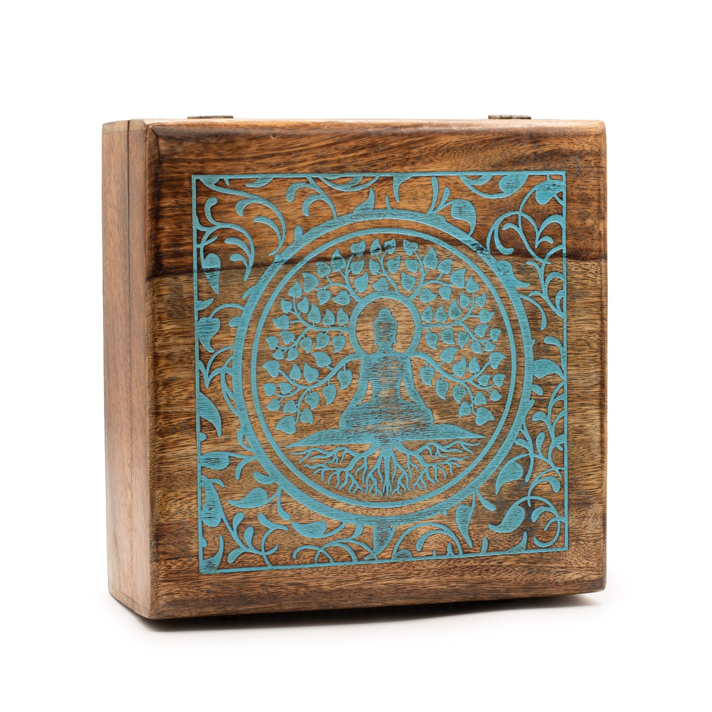 Natural Mango Wooden Keepsake Box - XL Square - Buddha & Bodhi Tree standing upright, showing the turquoise Buddha and tree design by Quintessential Holistic Health Ltd