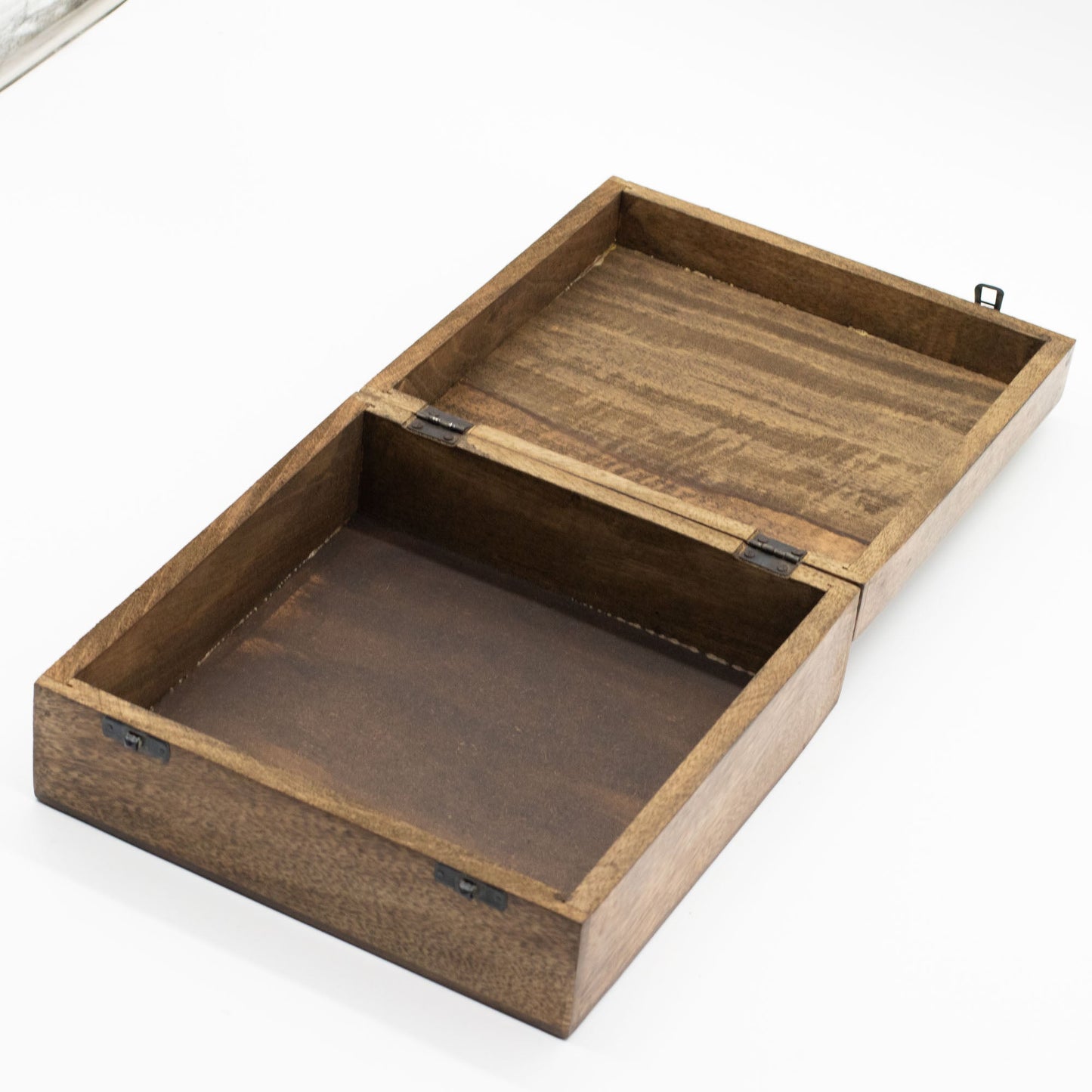 Natural Mango Wooden Keepsake Box - XL Square - Buddha & Bodhi Tree fully open, showing the rectangular inner compartment and hinged lid by Quintessential Holistic Health Ltd