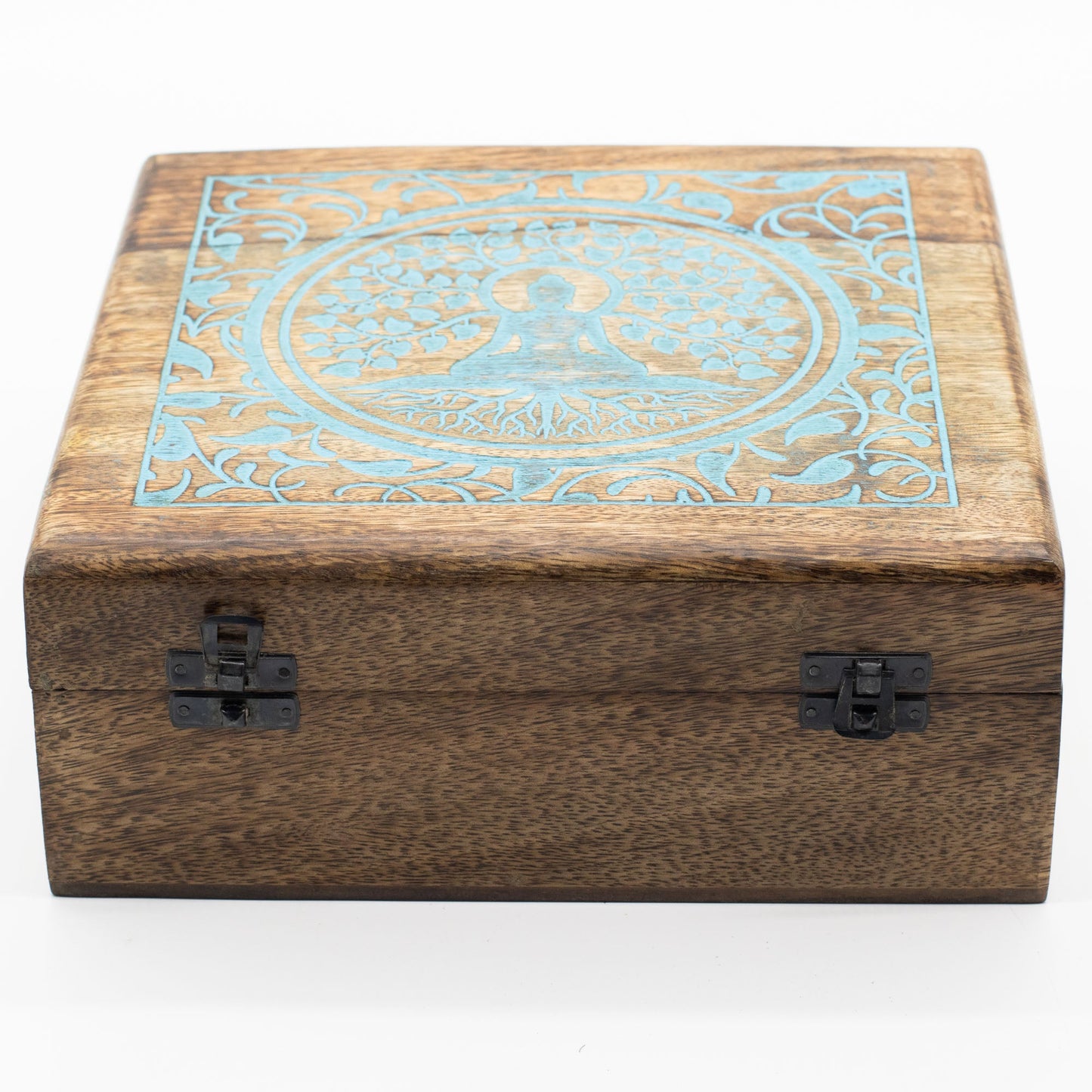 Natural Mango Wooden Keepsake Box - XL Square - Buddha & Bodhi Tree closed, with turquoise carved lid decoration and two dark clasps by Quintessential Holistic Health Ltd