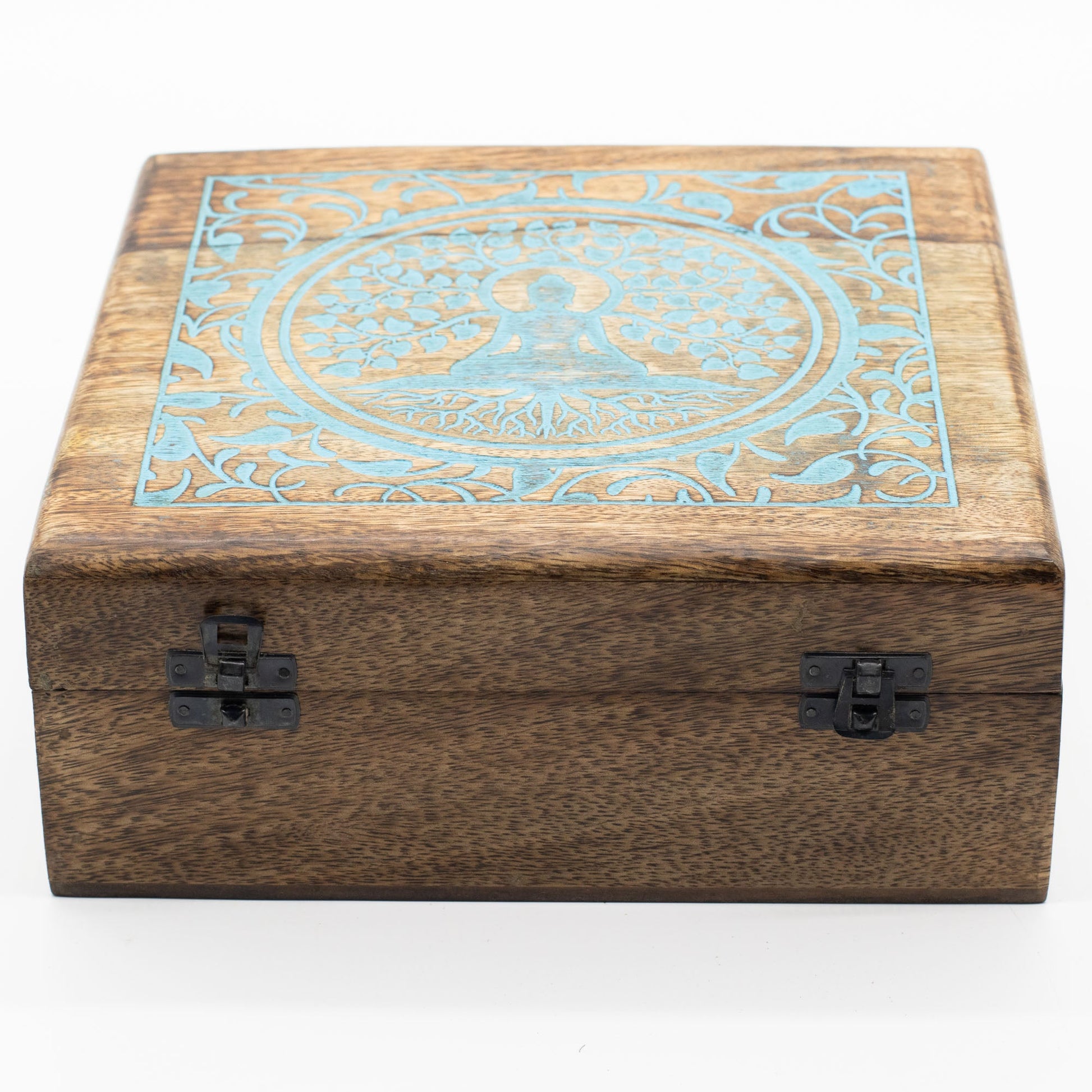 Natural Mango Wooden Keepsake Box - XL Square - Buddha & Bodhi Tree closed, with turquoise carved lid decoration and two dark clasps by Quintessential Holistic Health Ltd
