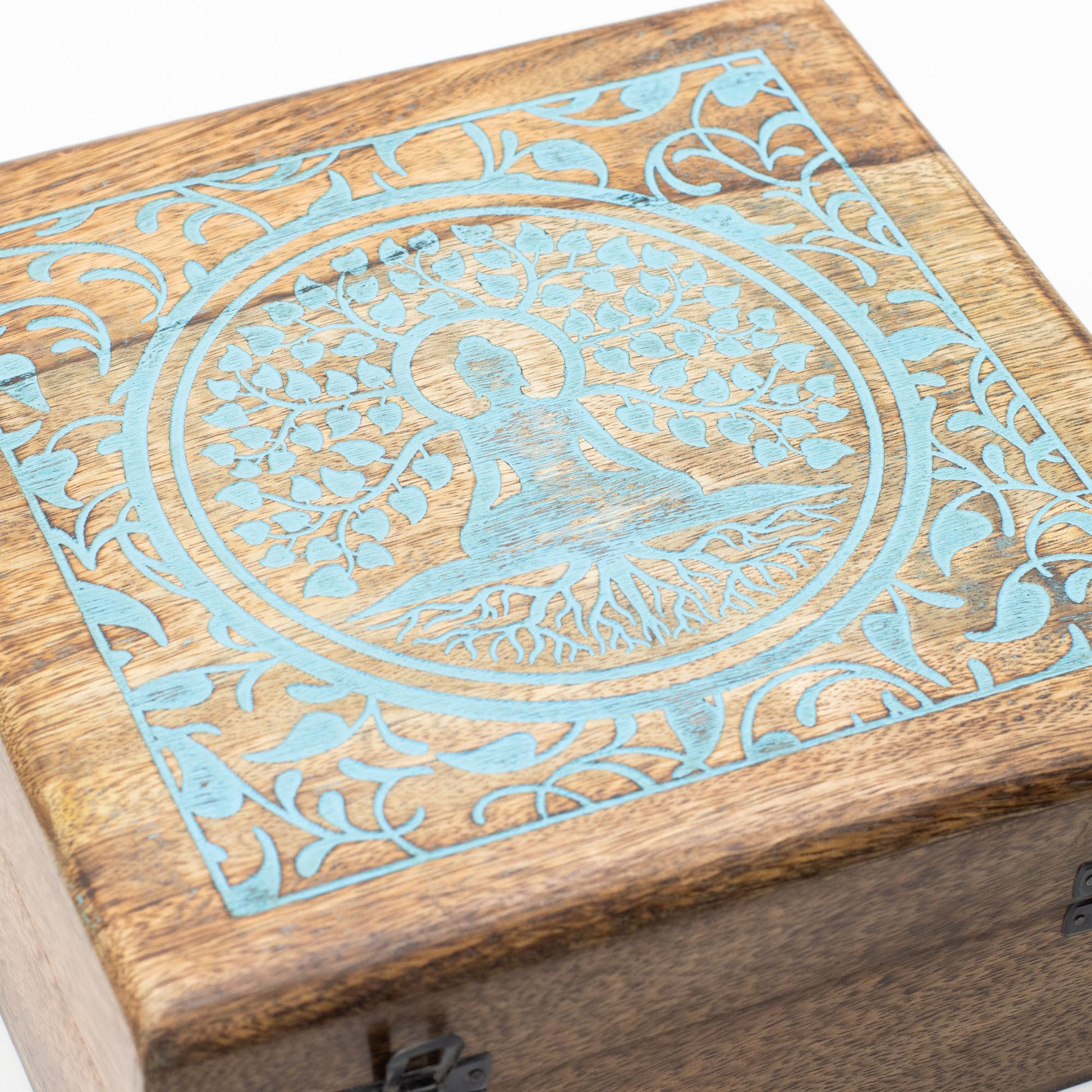 Natural Mango Wooden Keepsake Box - XL Square - Buddha & Bodhi Tree close-up showing the turquoise Buddha, tree and floral lid design by Quintessential Holistic Health Ltd