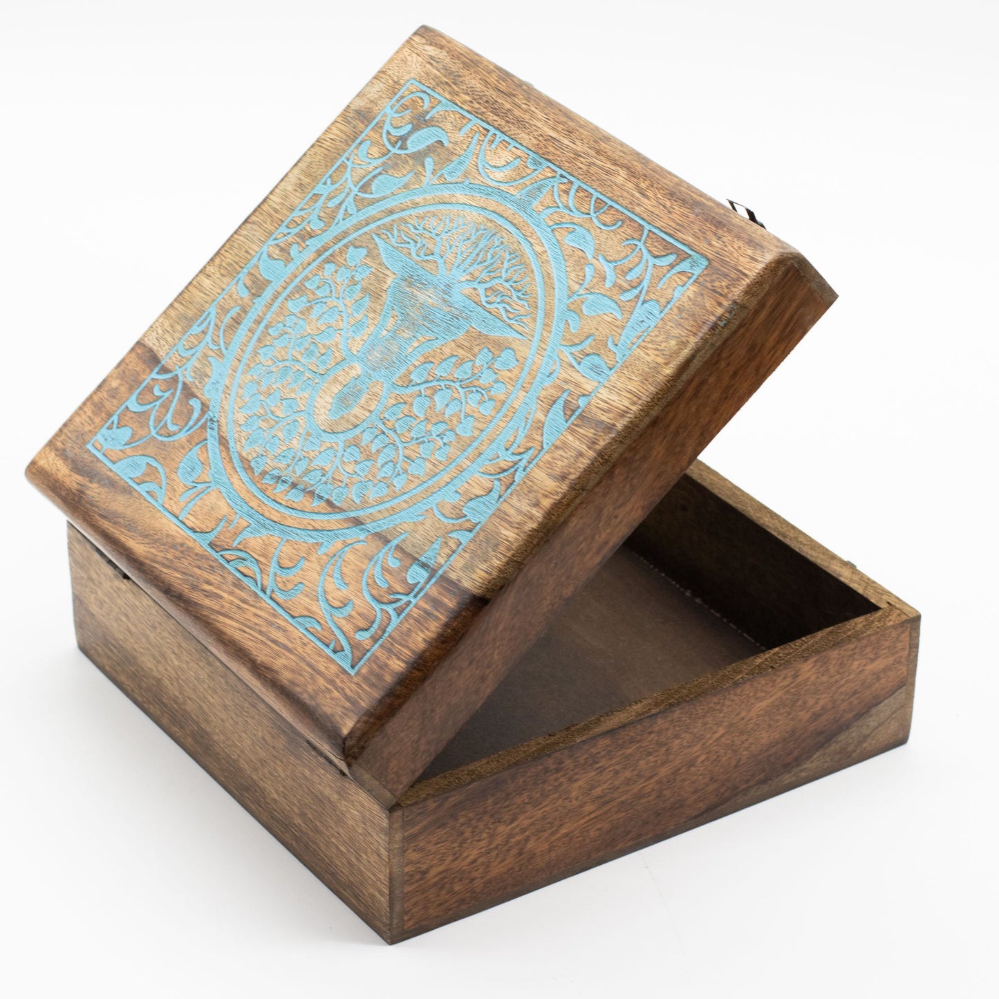 Natural Mango Wooden Keepsake Box - XL Square - Buddha & Bodhi Tree partially open, showing its plain wooden interior and hinged lid by Quintessential Holistic Health Ltd