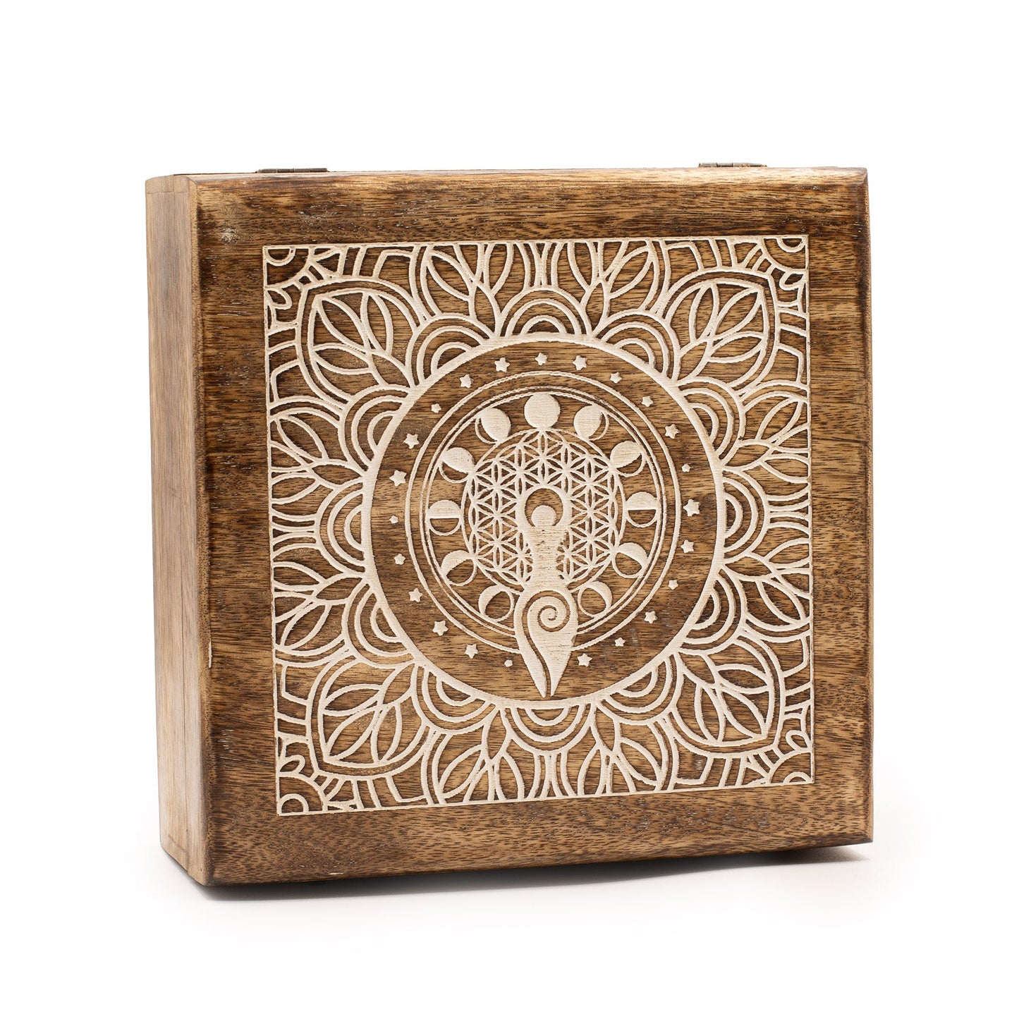 Natural Mango Wooden Keepsake Box - XL Square - Moon Phase Goddess, standing upright with an intricate white goddess and botanical design by Quintessential Holistic Health Ltd