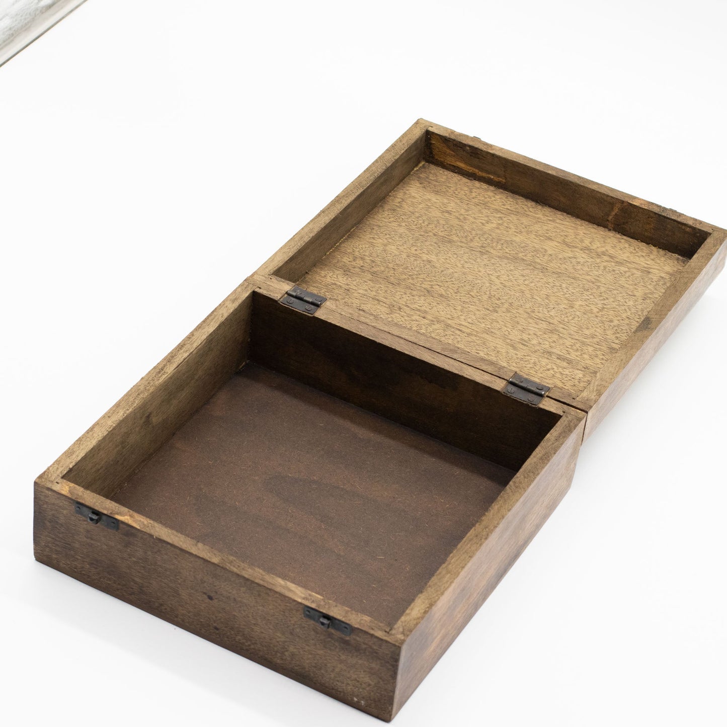 Natural Mango Wooden Keepsake Box - XL Square - Moon Phase Goddess, fully open to show its plain dark base and lighter lid interior by Quintessential Holistic Health Ltd