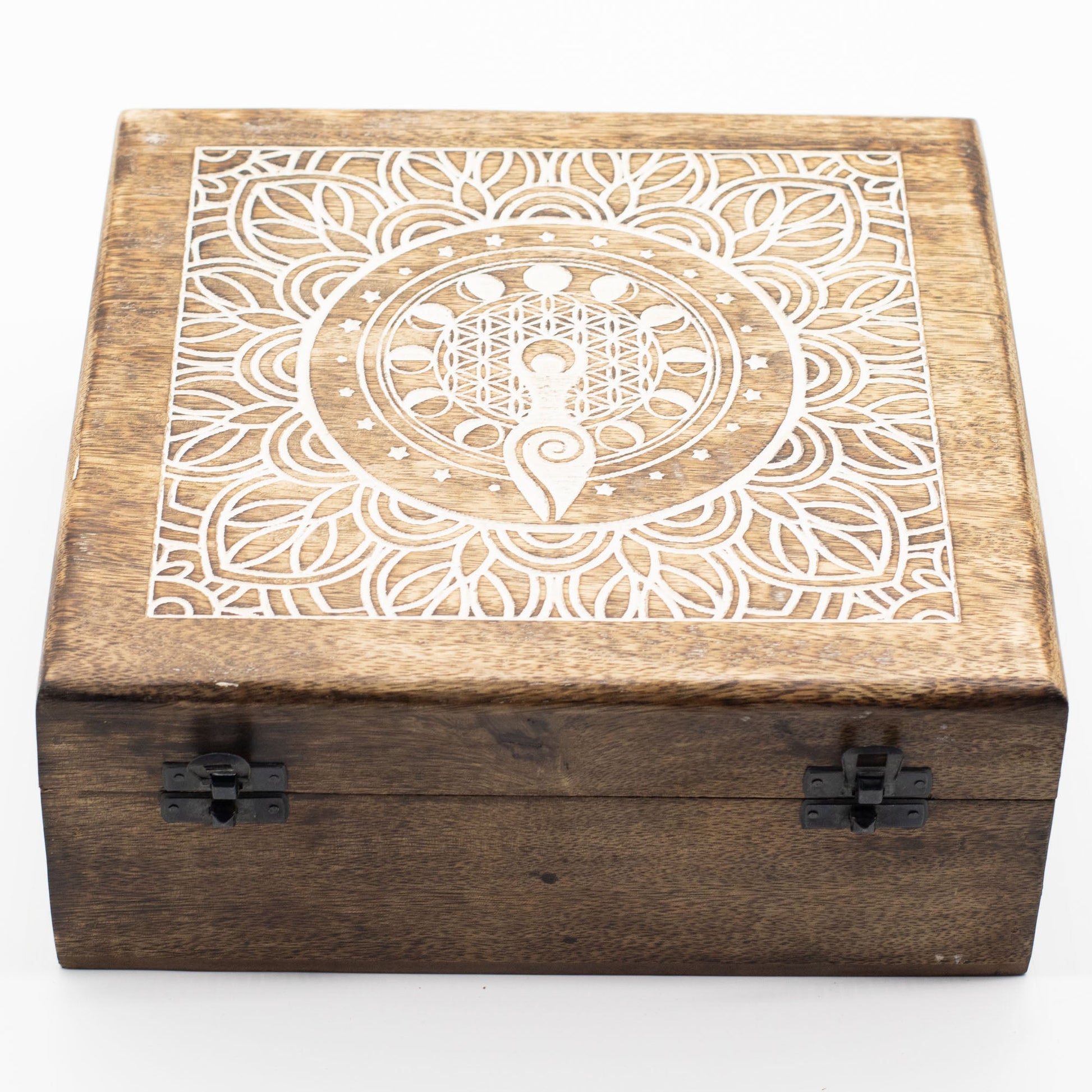 Mango Wood Keepsake Box - Extra Large - Square - Moon Phase Goddess closed, with white linework and two dark clasps by Quintessential Holistic Health Ltd