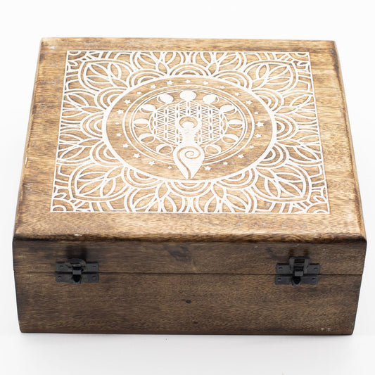 Natural Mango Wooden Keepsake Box - Extra Large - Square - Moon Phase Goddess - main product image from Quintessential Holistic Health Ltd UK