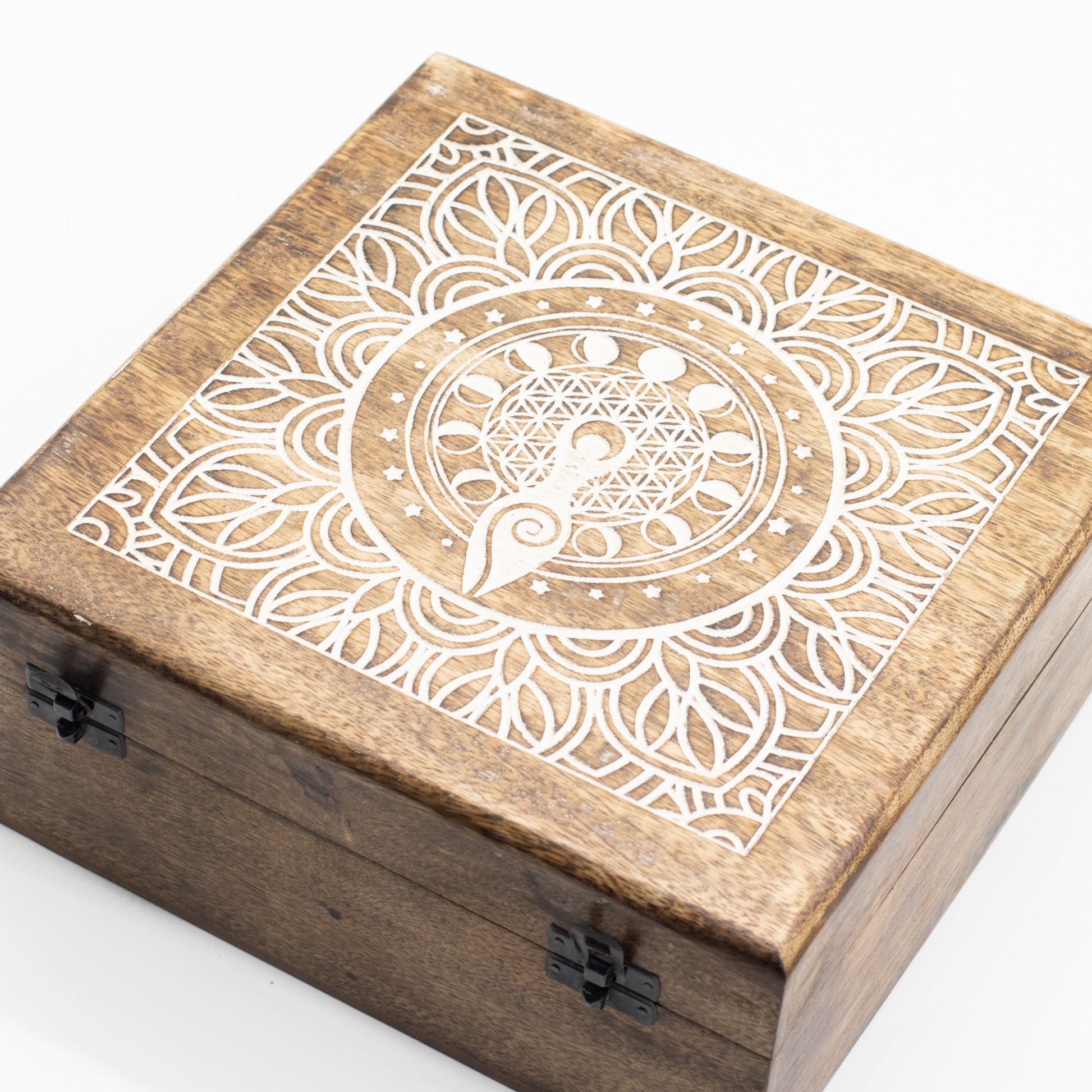 Natural Mango Wooden Keepsake Box - XL Square - Moon Phase Goddess, closed with an intricate white goddess, moon and botanical design by Quintessential Holistic Health Ltd
