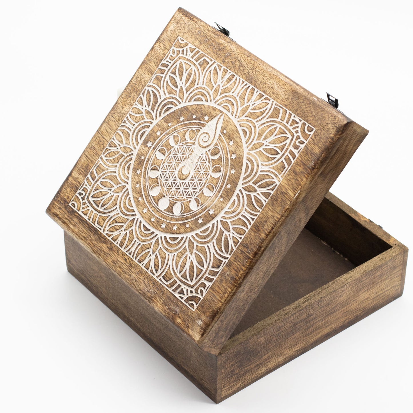 Natural Mango Wooden Keepsake Box - XL Square - Moon Phase Goddess partially open, showing white floral linework and a central hand motif by Quintessential Holistic Health Ltd