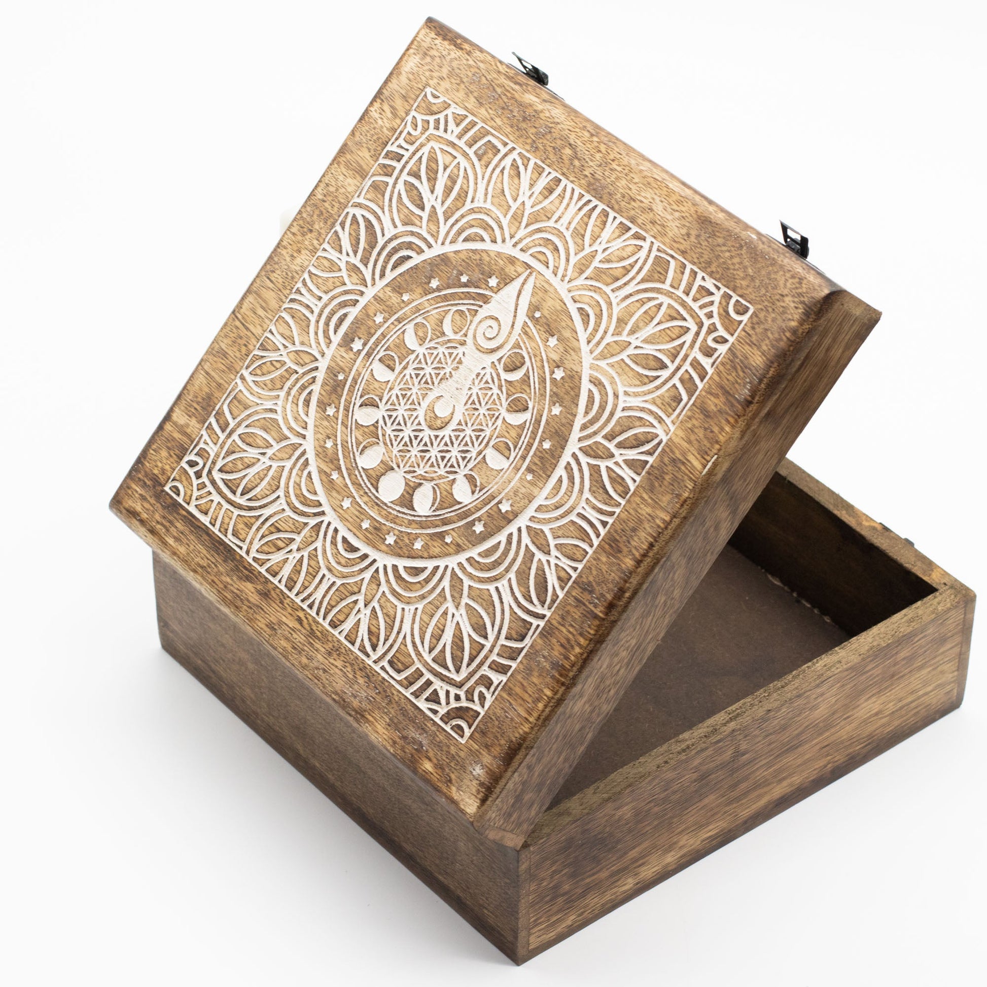 Natural Mango Wooden Keepsake Box - XL Square - Moon Phase Goddess partially open, showing white floral linework and a central hand motif by Quintessential Holistic Health Ltd