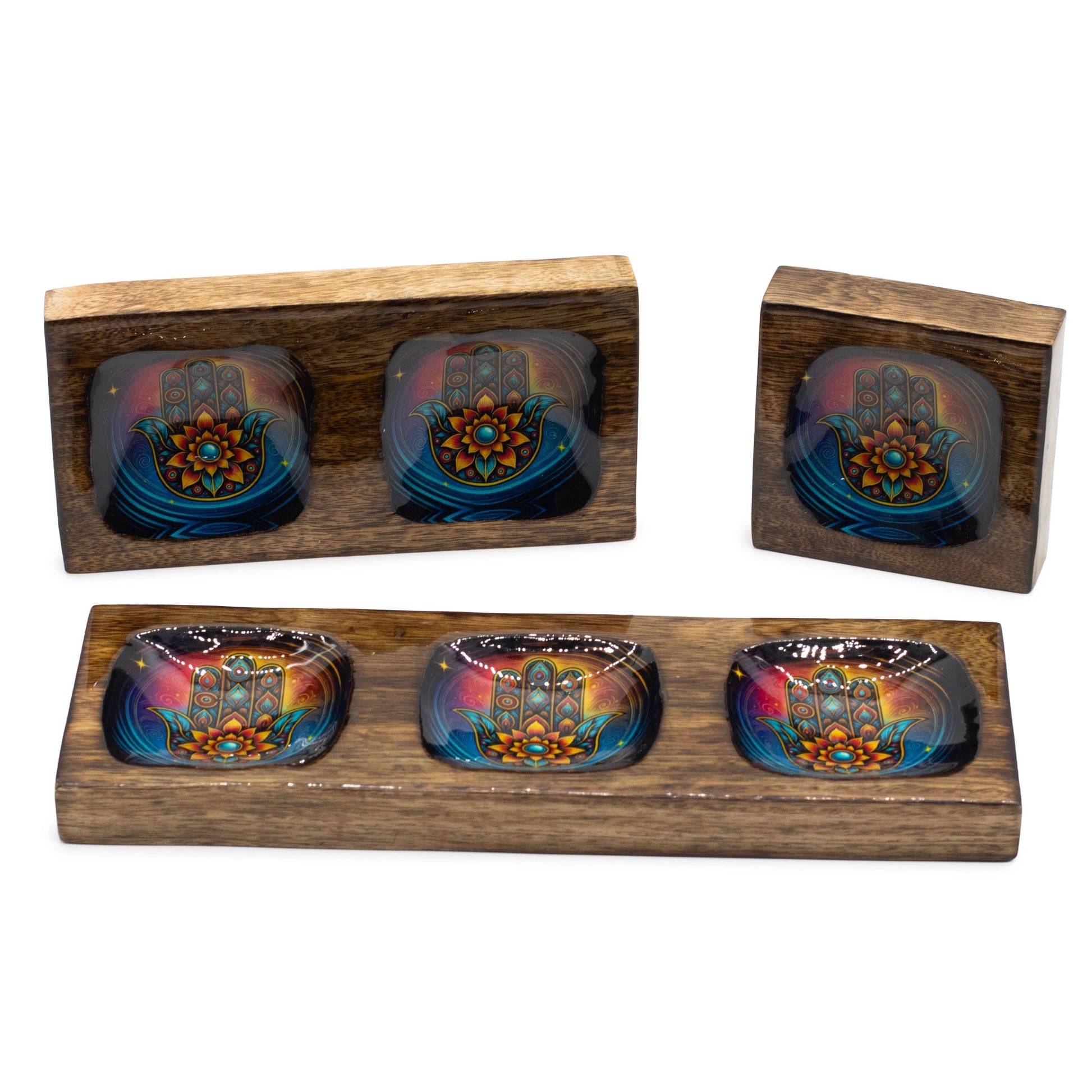 Set of 3 Hand Crafted Enamelled Wooden Trinket Tray - Medium / Hamsa product packaging on clean background from Quintessential Holistic Health Ltd