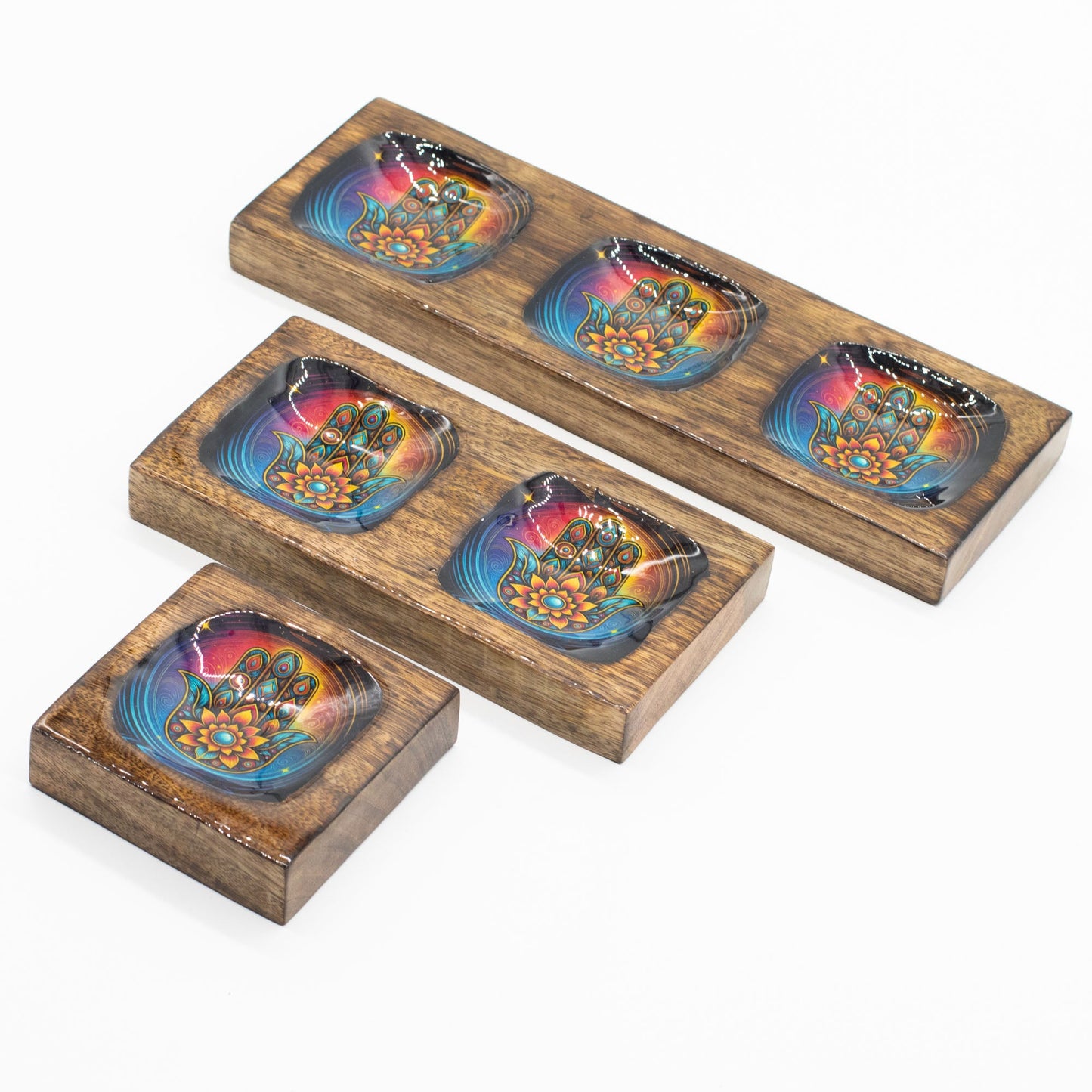 Set of 3 Hand Crafted Enamelled Wooden Trinket Tray - Medium / Hamsa product packaging on clean background from Quintessential Holistic Health Ltd