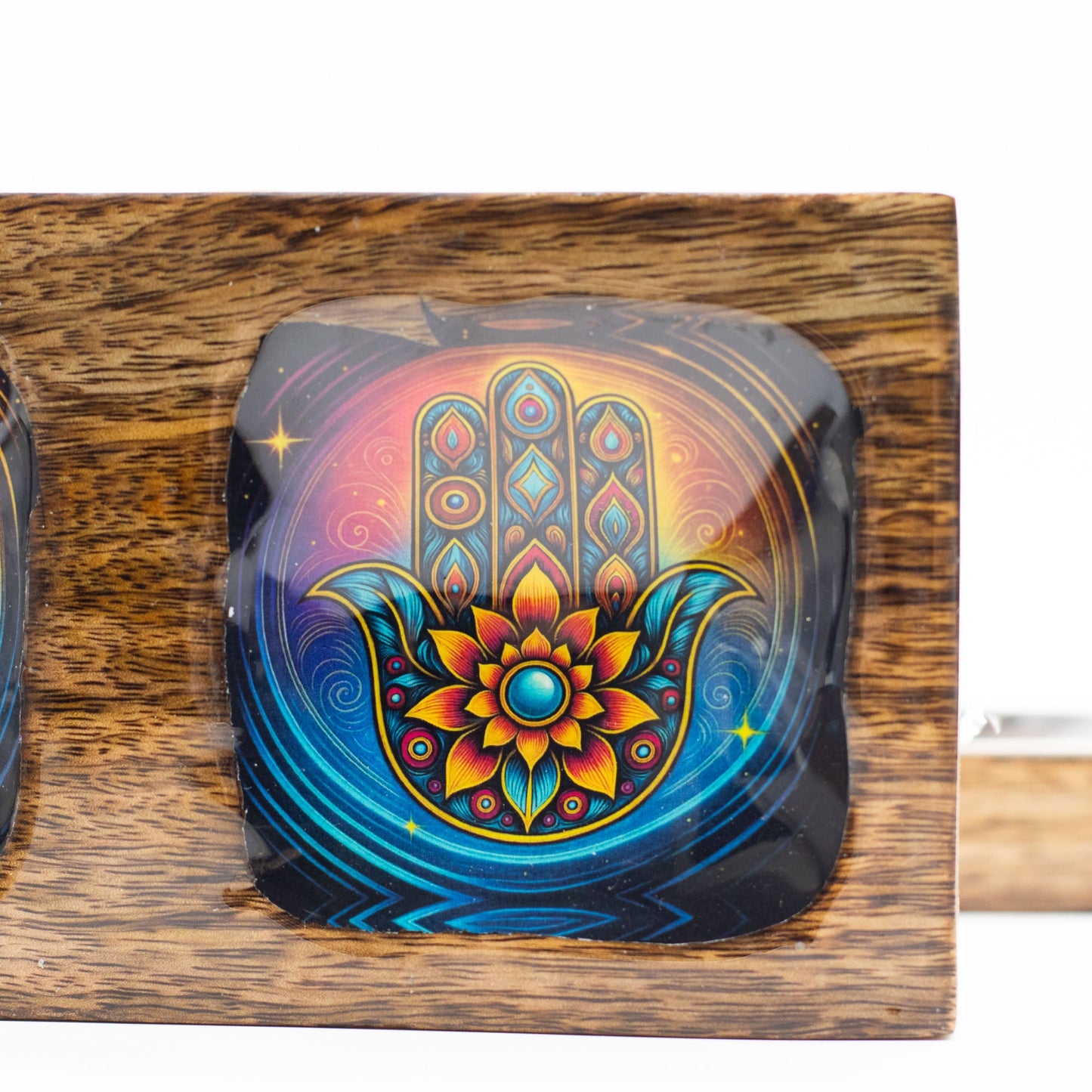 Set of 3 Hand Crafted Enamelled Wooden Trinket Tray - Medium / Hamsa product packaging on clean background from Quintessential Holistic Health Ltd