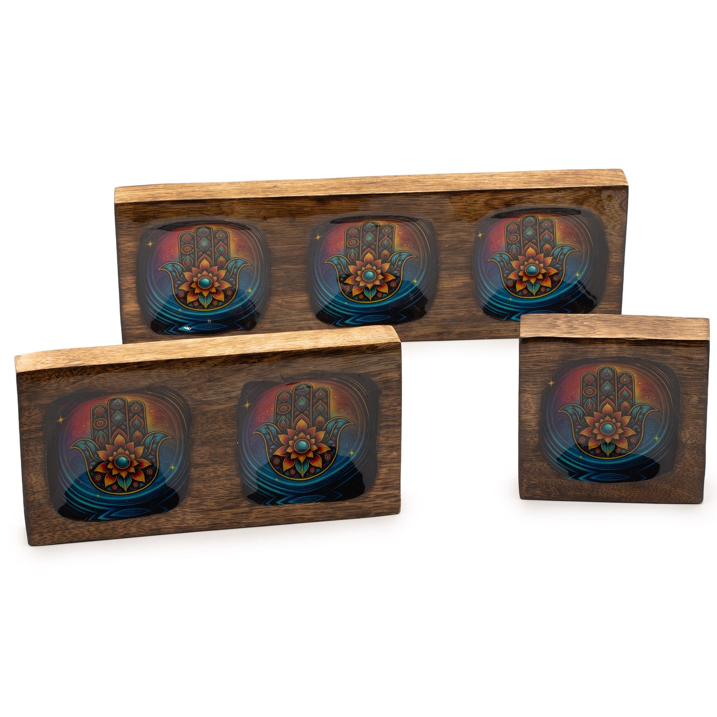 Set of 3 Hand Crafted Enamelled Wooden Trinket Tray - Medium / Hamsa product packaging on clean background from Quintessential Holistic Health Ltd