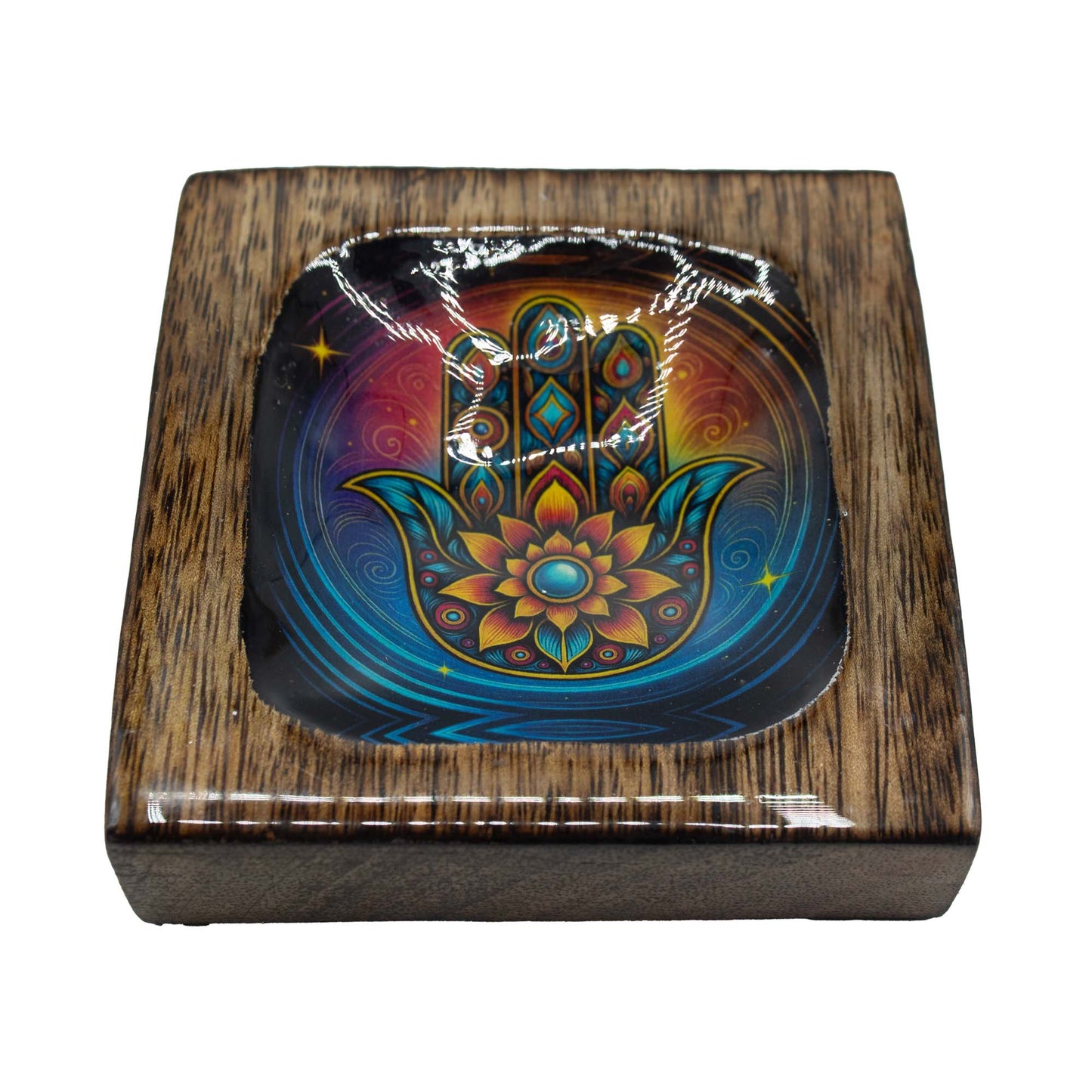 Set of 3 Hand Crafted Enamelled Wooden Trinket Tray - Medium / Hamsa product packaging on clean background from Quintessential Holistic Health Ltd