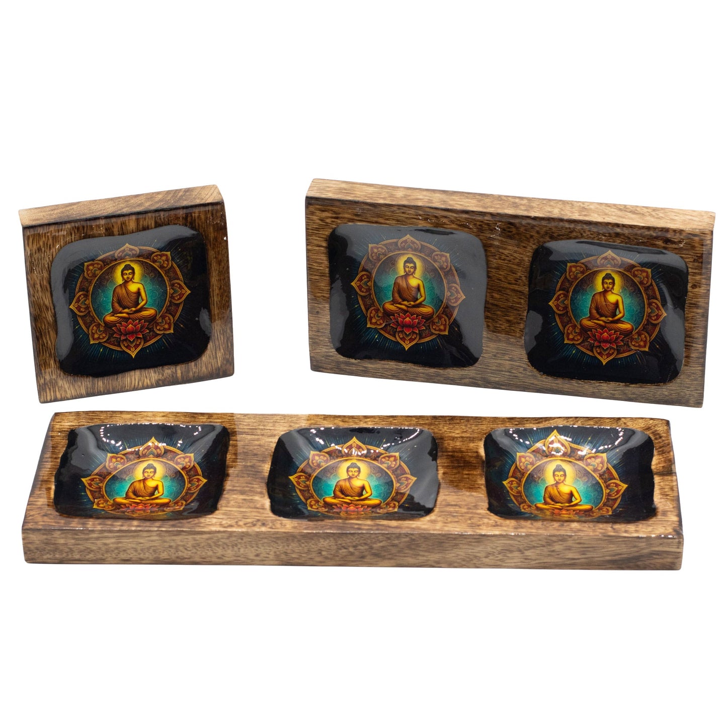 Set of 3 Hand Crafted Enamelled Wooden Trinket Tray - Large / Buddha product packaging on clean background from Quintessential Holistic Health Ltd