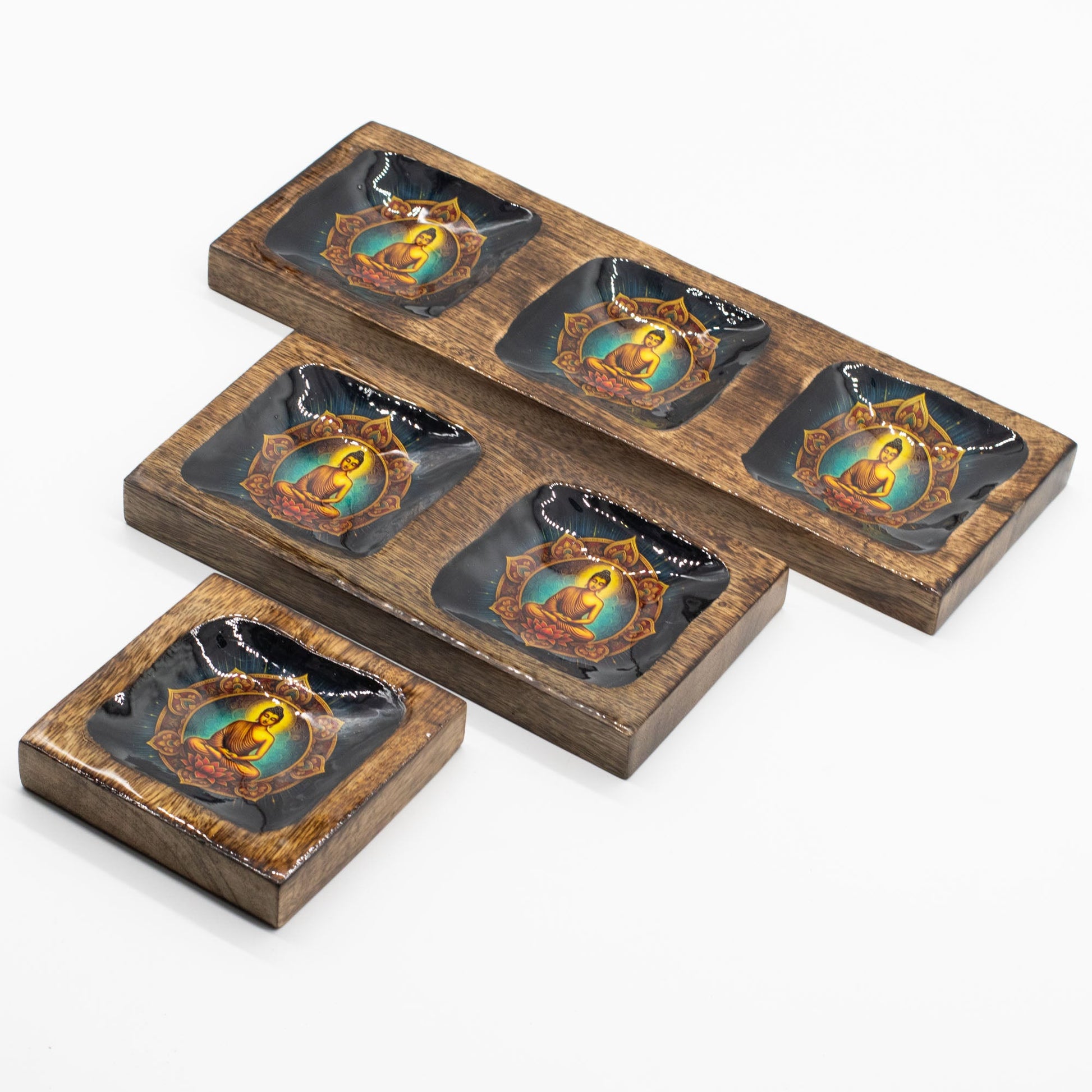 Set of 3 Hand Crafted Enamelled Wooden Trinket Tray - Large / Buddha product packaging on clean background from Quintessential Holistic Health Ltd