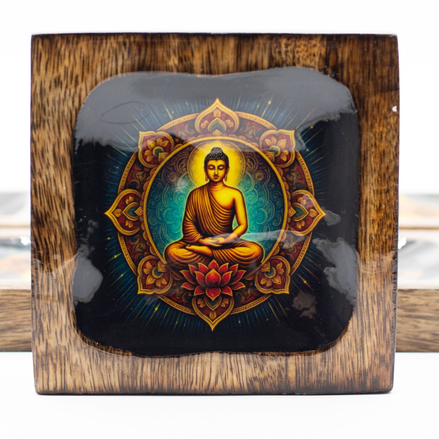 Set of 3 Hand Crafted Enamelled Wooden Trinket Tray - Large / Buddha product packaging on clean background from Quintessential Holistic Health Ltd