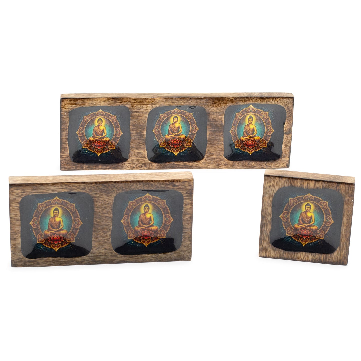 Set of 3 Hand Crafted Enamelled Wooden Trinket Tray - Large / Buddha product packaging on clean background from Quintessential Holistic Health Ltd