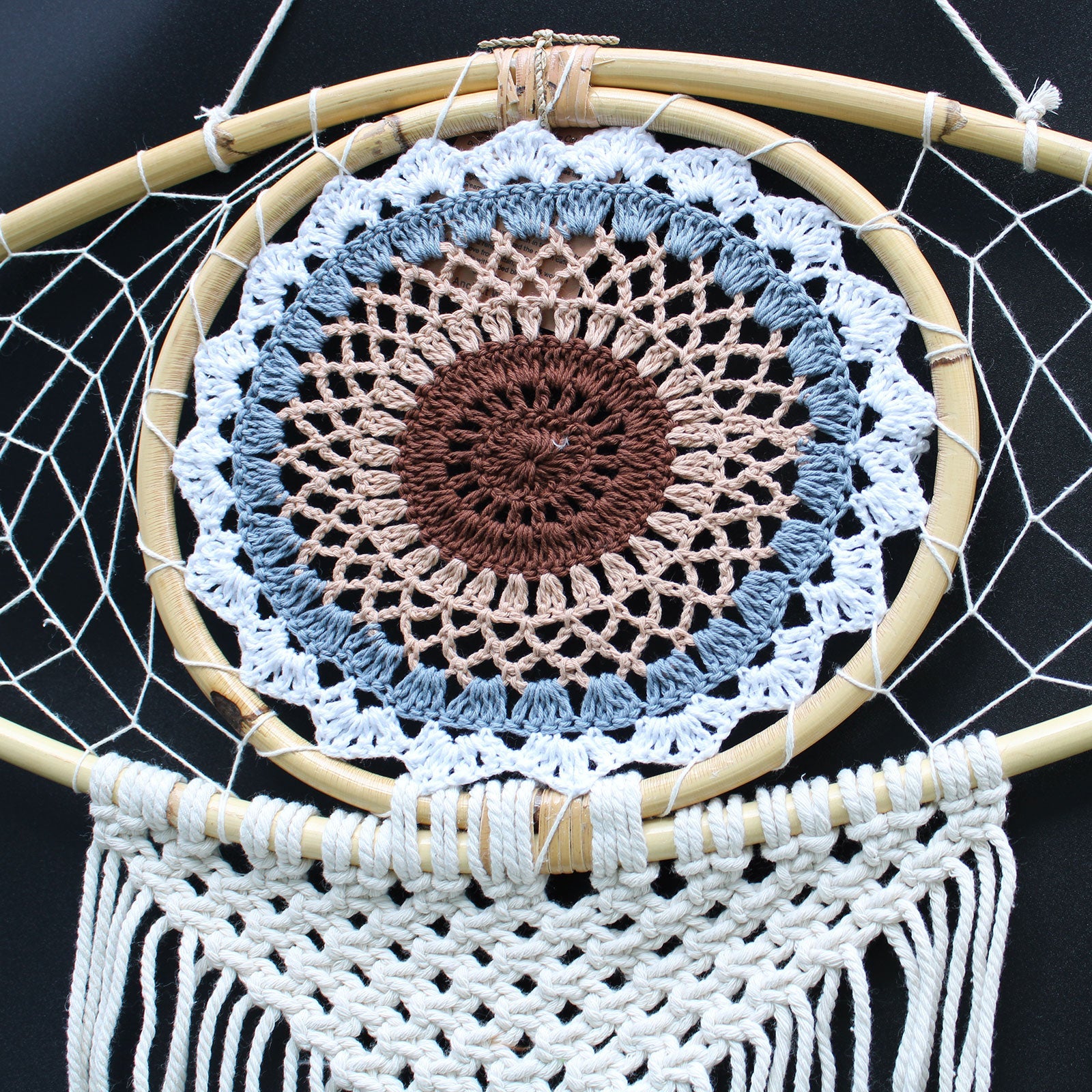 Handcrafted Macrame and Rattan Protection Dreamcatcher - Large / Evil Eye / White, Grey and Brown product packaging on clean background from Quintessential Holistic Health Ltd