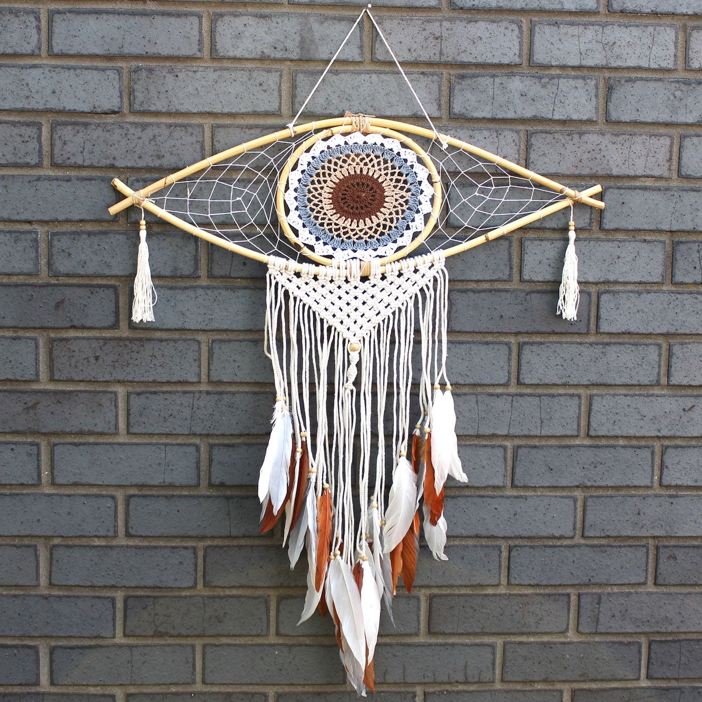 Handcrafted Macrame and Rattan Protection Dreamcatcher - Large / Evil Eye / White, Grey and Brown product packaging on clean background from Quintessential Holistic Health Ltd