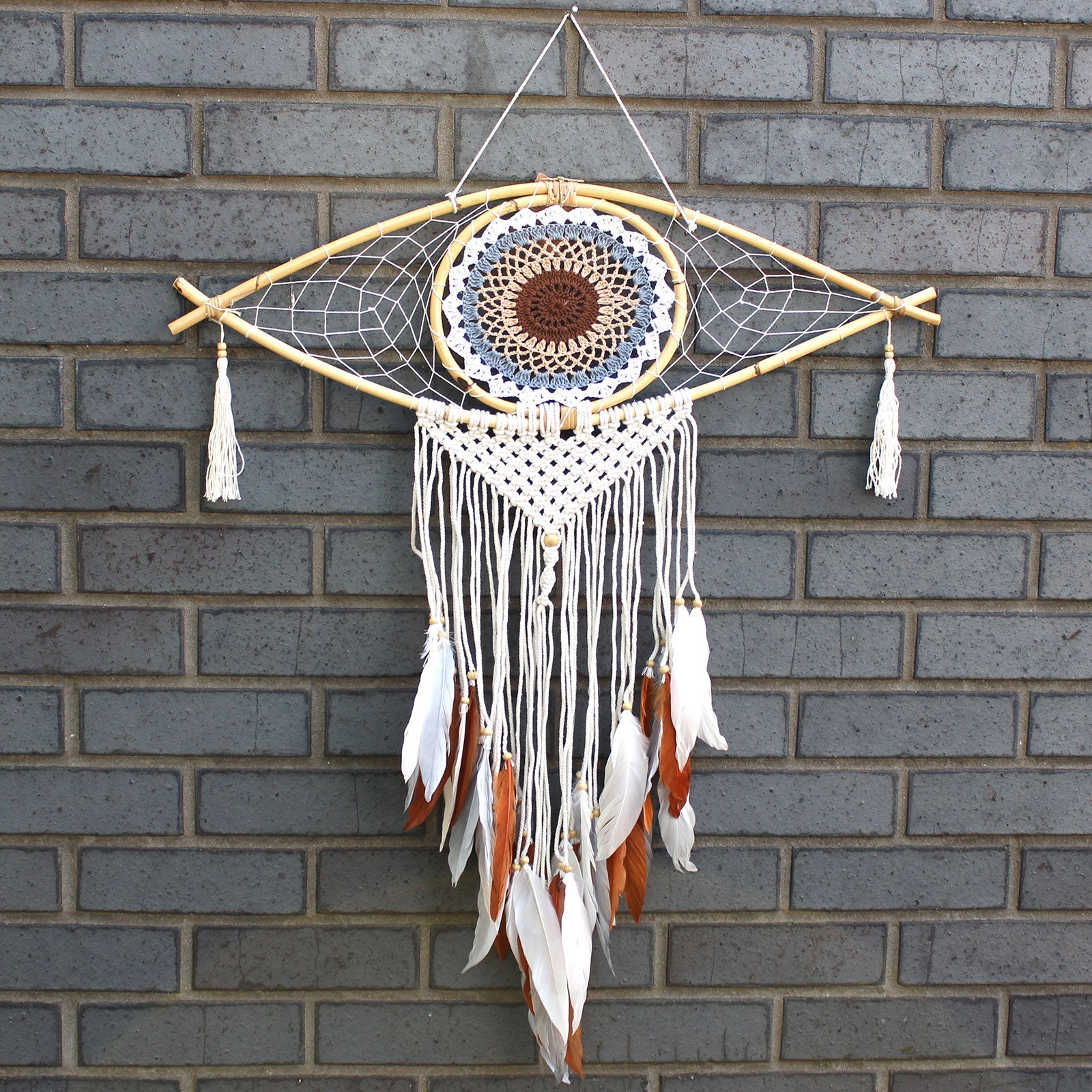 Handcrafted Macrame and Rattan Protection Dreamcatcher - Large / Evil Eye / White, Grey and Brown product packaging on clean background from Quintessential Holistic Health Ltd